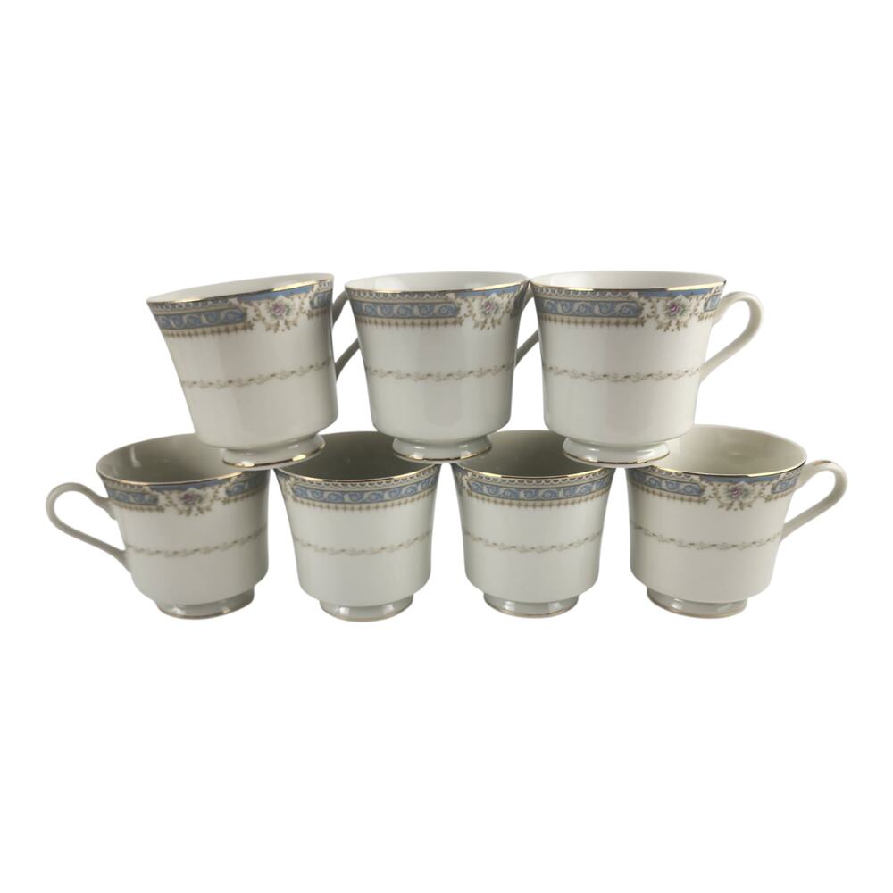 Mikasa Lexington Blue Border Floral Scrolls Gold Trim Footed Tea Coffee Mug